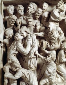 Részlet a Giovanni Pisano (1248-1314) által készített szék domborműveiről: Júdás csókja (A márvány szószék domborműveinek részlete, Júdás csókja) 1302-1311 Pisai katedrális (Duomo di Pisa), Olaszország
