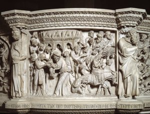 Giovanni Pisano (1248-1314) Szék domborműveinek részlete: Jézus bemutatása a templomban és menekülés Egyiptomba (A márvány szószék domborműveinek részlete) 1302-1311 Pisai katedrális (Duomo di Pisa) , Olaszország alkotó: Giovanni Pisano