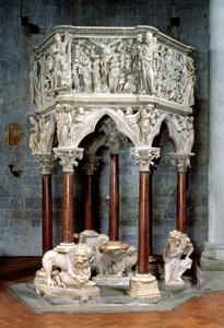 Hatszögletű szószék drámai domborművekkel, 1297 körül (márvány)