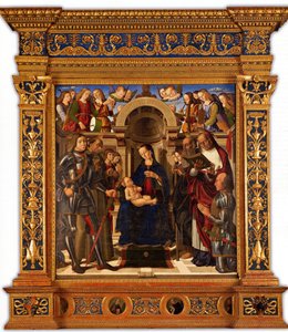 Pala Oliva. Madonna és gyermeke Szent György, Assisi Ferenc között trónol…, 1489.
