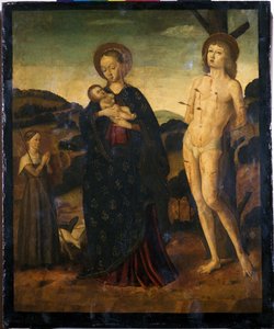 Madonna és gyermek Szent Sebestyénnel és egy pásztorlánnyal (tempera nyárfán)