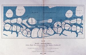 Giovanni Virginio Schiaparelli (1835-1910) asztrofizikus térképe a Marsról. Egyenes vonalú konfigurációkat figyelt meg a Mars bolygón, amelyet Mars-csatornáknak (canali) nevezett el. 1877-1878