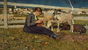 Lány zoknit készítő Giovanni Segantini (1858-1899), olaj, vászon, 54x88 cm