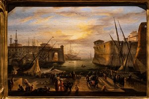 A háttérben Livorno kikötője és a Medici-erőd