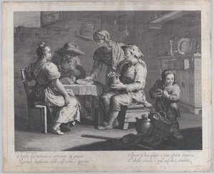 Három ember ül a bal oldalon egy asztal körül, miközben egy férfi üres tányért hoz..., 1760-70.