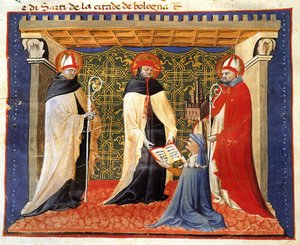 Giovanni da Modena miniatűrje a drapériás társaság alapszabályáról