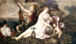 Egy velencei győzelem allegóriája, a központi alak a Szerencse vagy a véletlen, a természetet és a zenét szimbolizáló figurák kíséretében, 1518 körül.
