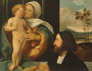 Giovanni Cariani (1485 és 1490 között született - 1547 után halt meg) Madonna gyermekével és bhaktával