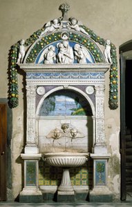 Decoree szökőkút magas domborművel márványból és terrakottából, Giovanni della Robbia (1469-1529) 1498. Santa Maria Novella sekrestye, Firenze