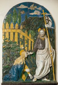 Noli me tangere Jézus Krisztus egy fehér zászlót (standard) tart, amelyet vörös kereszttel ütöttek, és az aureoláját kereszt jelzi. Kerámia domborműves harisnya, Giovanni della Robbia (1469-1529) Firenze, Museo Nazionale del Bargello