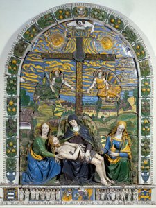 Szent Jánossal és Szent Mária Magdolnával körülvett lerakódás (Pieta) Jézus Krisztus és Szűz Mária a kereszt előtt INRI (I.N.R.I.) felirattal. Alacsony domborműves kerámia, Giovanni della Robbia (1469-1529) Dim. 3x2,28 m Firenze, Museo Nazionale