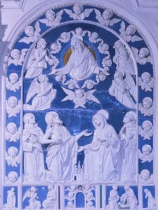 A Madonna Szent Ferenc, Domonkos és Bernard között, Giovanni della Robbia (1469-1529), San Francesco-templom Foiano della Chiana-ban, Toszkána