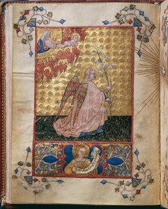 Olaszország, Angyali üdvözlet: az angyal liliommal, miniatűr Giovanni di Benedetto da Como, Officium Beatae Mariae Virginis, Alberto de Porcelis alkotó: Giovanni di Benedetto da Como