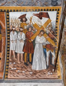 Történetek Krisztus szenvedéséről: Jézus a keresztet cipelve megy fel a Golgotára, és Cyrenaeus segít neki.