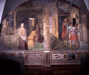 Szent Benedek megjavítja a törött szitát, részlet a Szent Benedek életét ábrázoló freskóciklusból a Chiostro degli Aranci (Narancsok kolostora) 1430-as évek körüli freskóból (freskó). alkotó: Giovanni di Consalvo (attr. to)