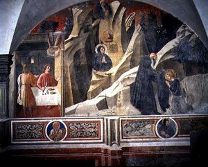 Szent Benedek kenyeret és köpenyt kap a Romano remetetől, részlet a Szent Benedek élete című freskóciklusból a Chiostro degli Aranci (Narancskolostor) 1430-as évek körül (freskó) alkotó: Giovanni di Consalvo (attr. to)