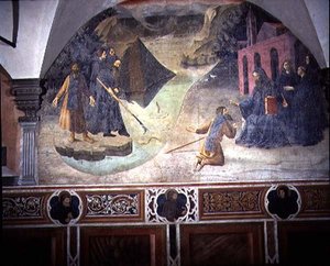 Szent Benedek kiemeli a favágó fejszét a tóból, részlet Szent Benedek élete freskóciklusából a Chiostro degli Aranci (Narancskolostor) 1430-as évek körül (freskó) alkotó: Giovanni di Consalvo (attr. to)