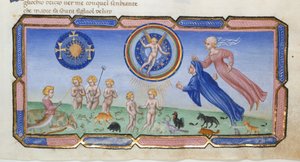 Dante és Beatrice szemtanúi a gömböknek és kereszteknek, az égi szféráknak szeretettel, egy halász hableány és lények a Lét tengerében, a Paradisóból a „Divina Commedia”-ban, Dante Alighieri, Yates Thompson 36, f.130 alkotó: Giovanni di Paolo