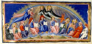 Paradiso, Canto X. Beatrice és Dante a Nap mennyországa mellett lebeg a bölcsességükkel kitüntetettekkel. Aquinói Szent Tamás köszönti őket Albertus Magnusszal. Az alábbiakban a bölcsesség tíz képviselője ül; Bede, Szent Ambrus, Sev Izidor alkotó: Giovanni di Paolo