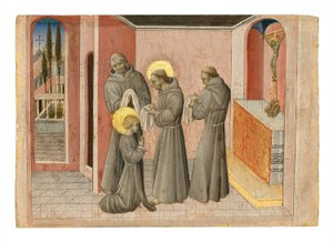 Szent Klára beavatása: a Szent, aki átveszi a rend ruháit Szent Ferenctől, 1389-1482 körül (tempera és arany a táblán) alkotó: Giovanni di Paolo