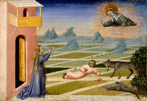 Szent Klára egy farkas által mart gyermeket megmentve, 1455-1460 körül (tempera és aranylevél a panelen)