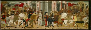 Cassone-panel: Romulus és Tatius diadalmas belépése Rómába