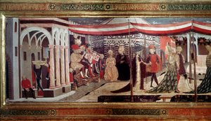 Reneszánsz esküvői szertartás Részlet a Cassone Adimarit díszítő panel bal oldalán. Esküvői jelenet a Piazza del Duomo-n (Plaza de la Cathedrale Santa Maria del Fiore). A zenészek a színpadon ülnek trombitán, harsonán és ütős hangszeren