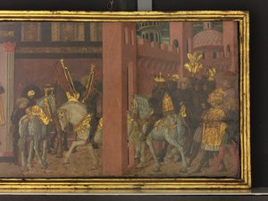 Traianus és az özvegy története, részlet egy cassone tábláról, 1450 körül (tempera, tábla)