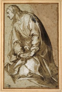 Fiatal szent térdel imában (toll és barna tinta barna mosással és kiemeléssel) alkotó: Girolamo (circle of) Muziano