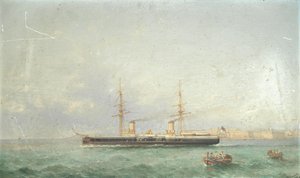 A HMS Inflexible csatahajó kifelé tart a tengerre a valettai Grand Harbourból