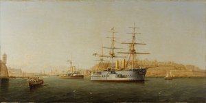 A HMS "Alexandra" hajó elhagyja Máltát, a jobb oldalon a vallettai (Valletta) épületek nagyon részletesek. Olaj, fa Girolamo Gianni (1837-1895) alkotása.