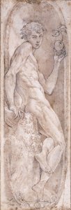 Ádám kezében egy almával, ülve, egy medálban, 1547-1553 körül