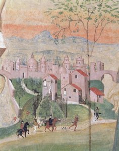 Prato város látképe, részlet a keresztrefeszítésből, a Káptalanházból, 1509 alkotó: Girolamo Ristori