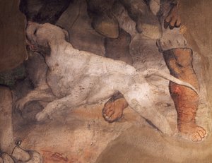 Kutyafigura, részlet Girolamo Romanino (kb. 1484-1566) freskójáról, Sant