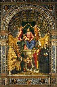 Szent Jusztina oltárképe: Madonna Szent Benedekkel, Jusztinával, Prosdocimoval és Scholasticával trónolt, Girolamo Romanino (kb. 1484-1562 után).