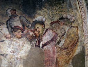 Páncélos katona és kalapban férfiak, Girolamo Romanino freskójának részlete (kb. 1484-1562 után), a brenói Szent Antal apát templom presbitériumának bal fala. Olaszország alkotó: Girolamo Romanino