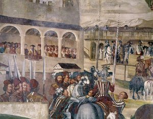 I. Keresztény dán király tiszteletére rendezett torna a Castello di Malpagában, részlet a bal oldalról, 1520-30 alkotó: Girolamo Romanino
