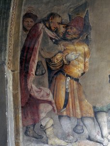 Két férfi beszélget egymással, Girolamo Romanino freskójának részlete (kb. 1484-1562 után), a brenói Szent Antal apát templom presbitériumának bal fala. Olaszország alkotó: Girolamo Romanino