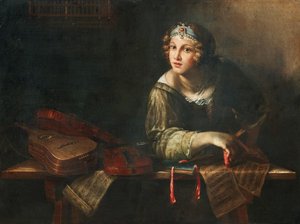 Allegorikus ábrázolás hangszerekkel és hangjegyekkel, XVII. század második fele. alkotó: Girolamo Scaglia