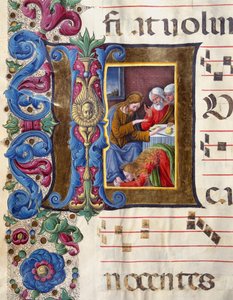 Decoree fejléc, amely Mária Magdolnát Jézus lábánál ábrázolja Miniatűr Girolamo da Cremona (aktív 1451-1483 körül) és Liberale da Verona (1445-1529) egy kórustól (Cod. 22/7. c.15v) a sienai katedrálisból . 15. századi székesegyház (Dóm).