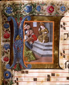 Gyermek Krisztust és Girolamo da Cremona miniatűr doktorait (1451-1483 körül) és Liberale da Verona (1445-1529) ábrázoló decoree lettrine a sienai székesegyház kórusától (Cod. 19/4. c. 13.). 15. századi székesegyház (Duomo) of Siena, It