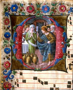 Decoree lettrine, amely Cana Miniature esküvőjét ábrázolja Girolamo da Cremona (1451-1483 körül) és Liberale da Verona (1445-1529) kórusától (Cod. 19/4. c.19v.) a sienai katedrálisból. 15. századi székesegyház (Duomo), Siena, Olaszország