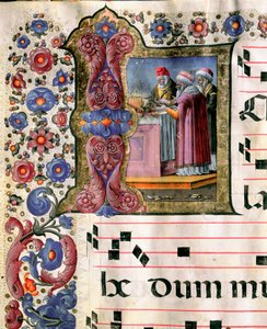 Girolamo da Cremona (1451-1483 körül) miniatűr áldozati jelenete egy kórustól (Cod. 10/L. c.114v.) a sienai katedrálisból. 15. századi székesegyház (Duomo), Siena, Olaszország