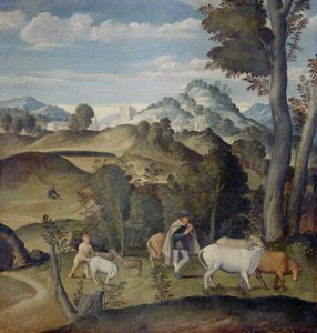 Az ifjú Merkúr marhát lop az Apollón csordából alkotó: Girolamo da Santacroce (ca.1480 1556) (attributed to)