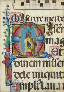 Kéziratos megvilágosodás Dáviddal imádságban, M kezdőbetűvel, zsoltárból, 1501-2.