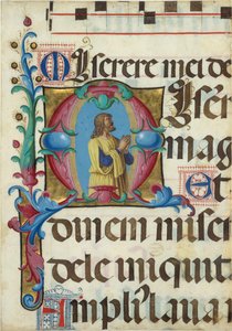 Kéziratos megvilágítás Dáviddal imában, M betűvel, zsoltárból, olasz, 1501-2. alkotó: Girolamo dai Libri