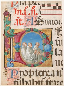 Kéziratos megvilágítás éneklő szerzetesekkel D betűkezdeményben, zsoltárból, 1501-2.