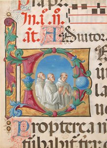 Kéziratos megvilágítás éneklő szerzetesekkel D-betűvel, zsoltárból, olasz, 1501-2.