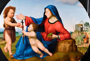 Madonna és gyermeke a fiatal Keresztelő Szent Jánossal (olaj, tábla)