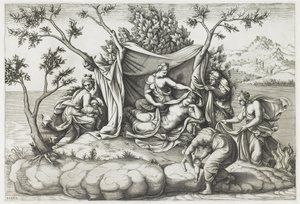 Latona születése Apollónnak és Dianának, vésette Diana Mantovana (sz. 1535), 1575 után (metszet) alkotó: Giulio (after) Romano